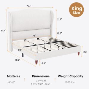 HALLYBEE 51.4" H King Size Bed Frame with Headboard Lined Fabric Upholstered Platform Bed Frame Wingback Design Chic and Elegant Bed Frame No Box Spring Needed, Mattress Foundation, White