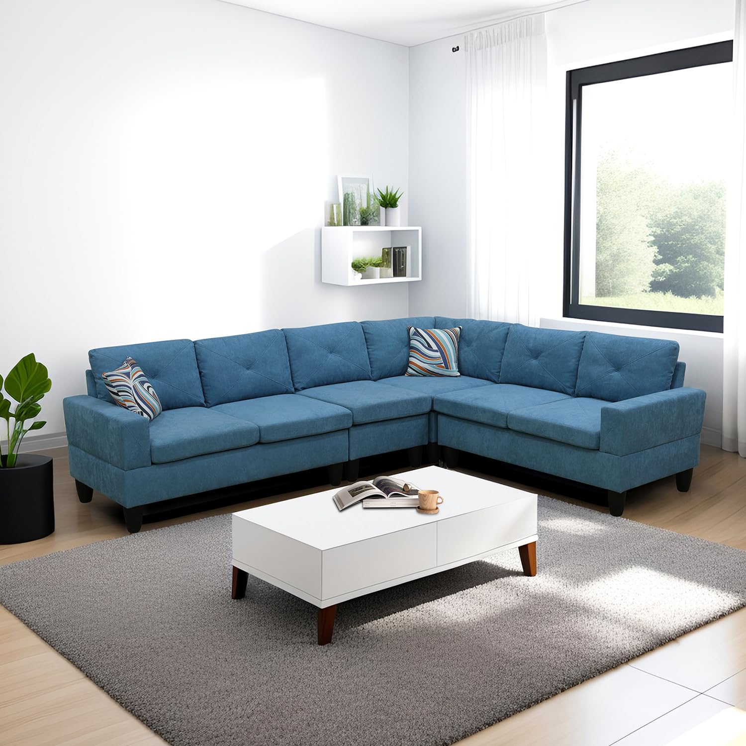 SIENWIEY Velvet Convertible Sectional Sofa，Fabric Combination Sectional Couch L Shaped Sofa 4 Pieces for Living Room Furniture Apartment Living Room,Blue