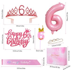 Llivseet 6th Pink Birthday Decorations Girl Includes Birthday Sash and Tiara Crown for Girls,Number Balloon & Candle,Birthday Cake Topper, 6 Year Old Girl Birthday Gifts Ideas Party Favor Supplies