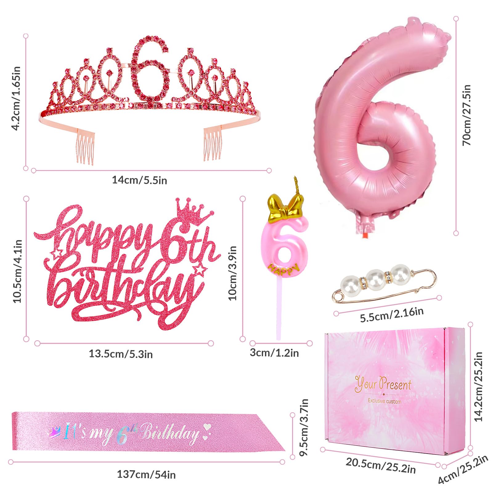 Llivseet 6th Pink Birthday Decorations Girl Includes Birthday Sash and Tiara Crown for Girls,Number Balloon & Candle,Birthday Cake Topper, 6 Year Old Girl Birthday Gifts Ideas Party Favor Supplies