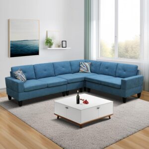 SIENWIEY Velvet Convertible Sectional Sofa，Fabric Combination Sectional Couch L Shaped Sofa 4 Pieces for Living Room Furniture Apartment Living Room,Blue