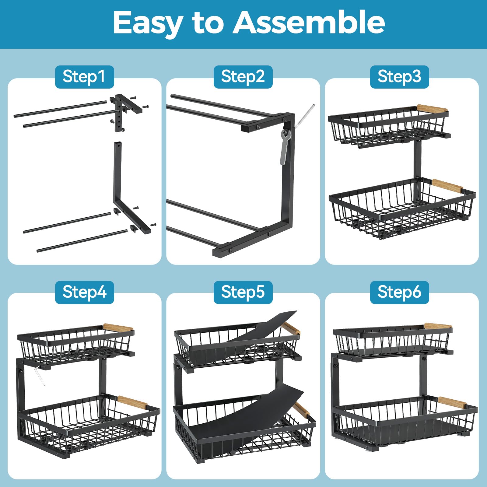 Under Sink Storage Organizer, 2 Tier Pull Out Sliding Under Sink Organizers and Storage Shelf Drawers for Bathroom Kitchen, 2 Pack Metal Adjustable Kitchen Bathroom Under Cabinet Organizer Storage.