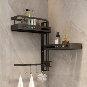 plhg shower caddy, 3 tier rotating adhesive bathroom shower organizer, with 5 hooks rustproof stainless steel shower shelves rack, kitchen spice rack countertop storage no drilling wall mounted rack