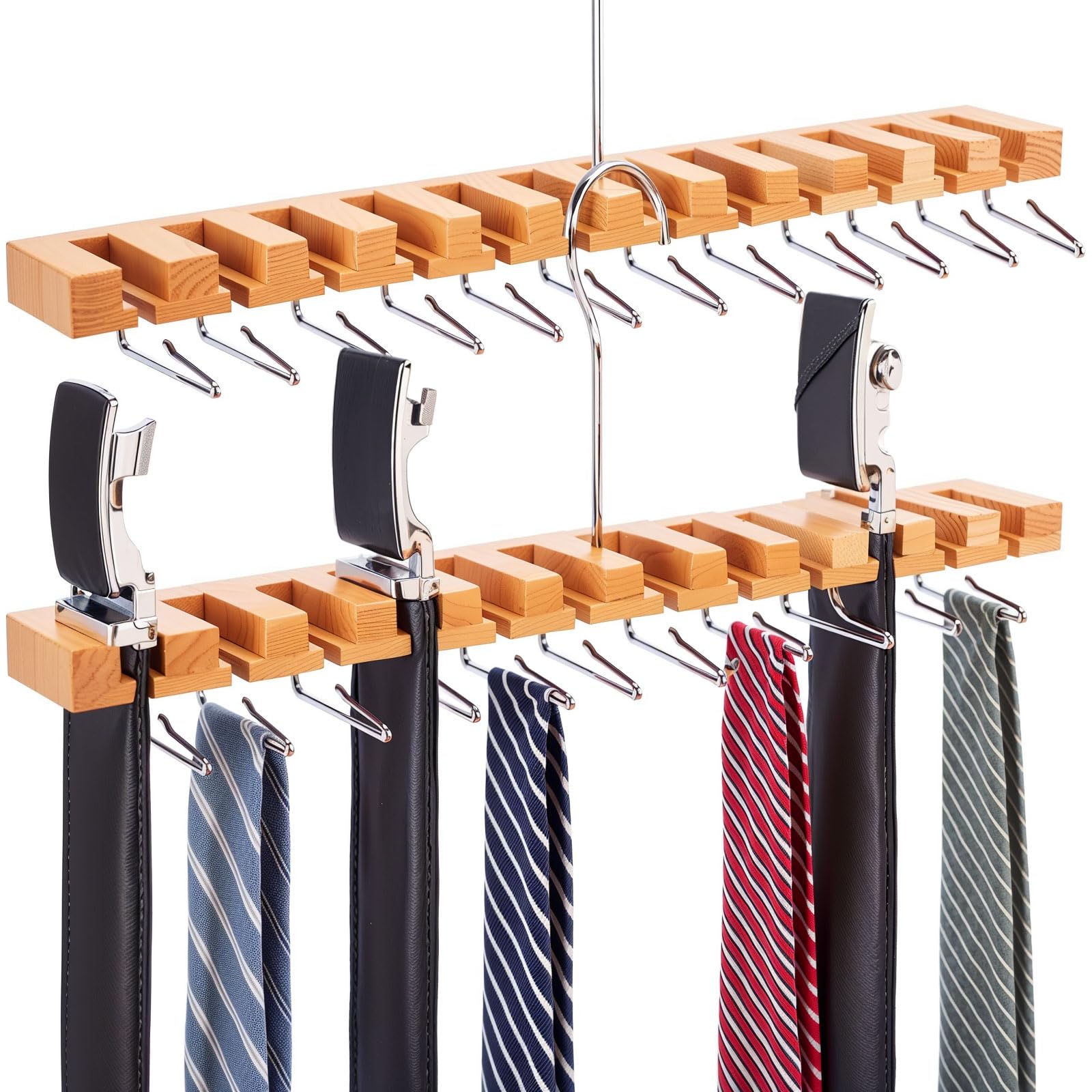 2 Pack Tie Rack Belt Hanger for Closet, 2 in 1 Tie Organizer Wall Mount, 12 Belts + 11 Ties Holder for Men, Wooden Belt Holder Storage for Belts Scarves