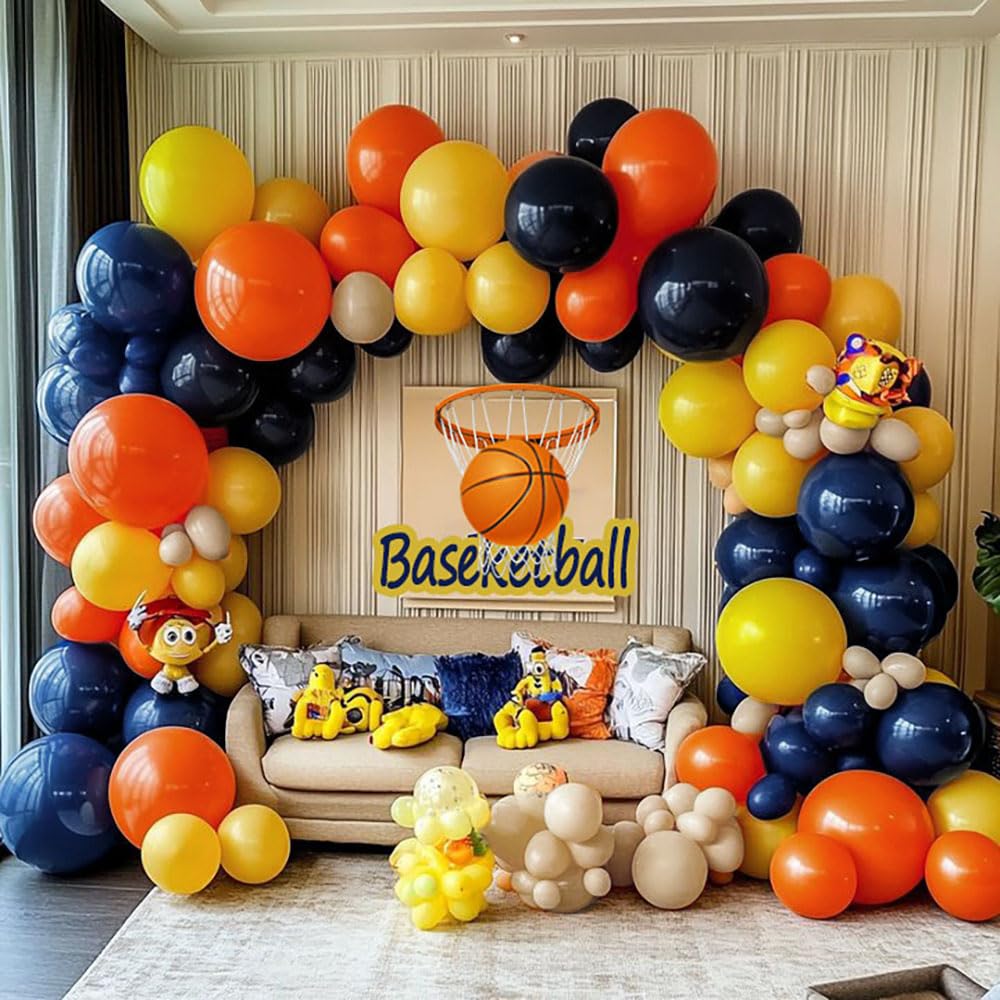 Race Car Balloon Arch - Blue Black Yellow Balloons Double Stuffed Black White Sand Yellow Balloons Navy Blue Orange Beige Balloon Garland Kit for Race Car Fire Truck Birthday Baby Shower Party Decor