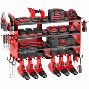 tomcare power tool organizer wall mount 4 layer tool storage rack heavy duty metal 6 drill holders garage tool organizers and storage shelves with screwdriver holder plier holder for garage workshop