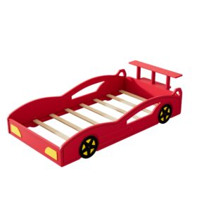 VeroFree Twin Size Race Car-Shaped Platform Bed with Wheels, Modern Wooden Platform Bed Frame with Support Slats, Twin Floor Bed for Teens Kids Boys Girls, No Spring Need, Red