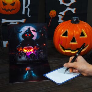 VIVIKEN Pop Up Halloween Cards, 3D Popup Happy Halloween Greeting Card with Lights and Horror Sounds - Glowing Skull, Pumpkin, Tombstone, Moon - Includes Envelope and Note Card