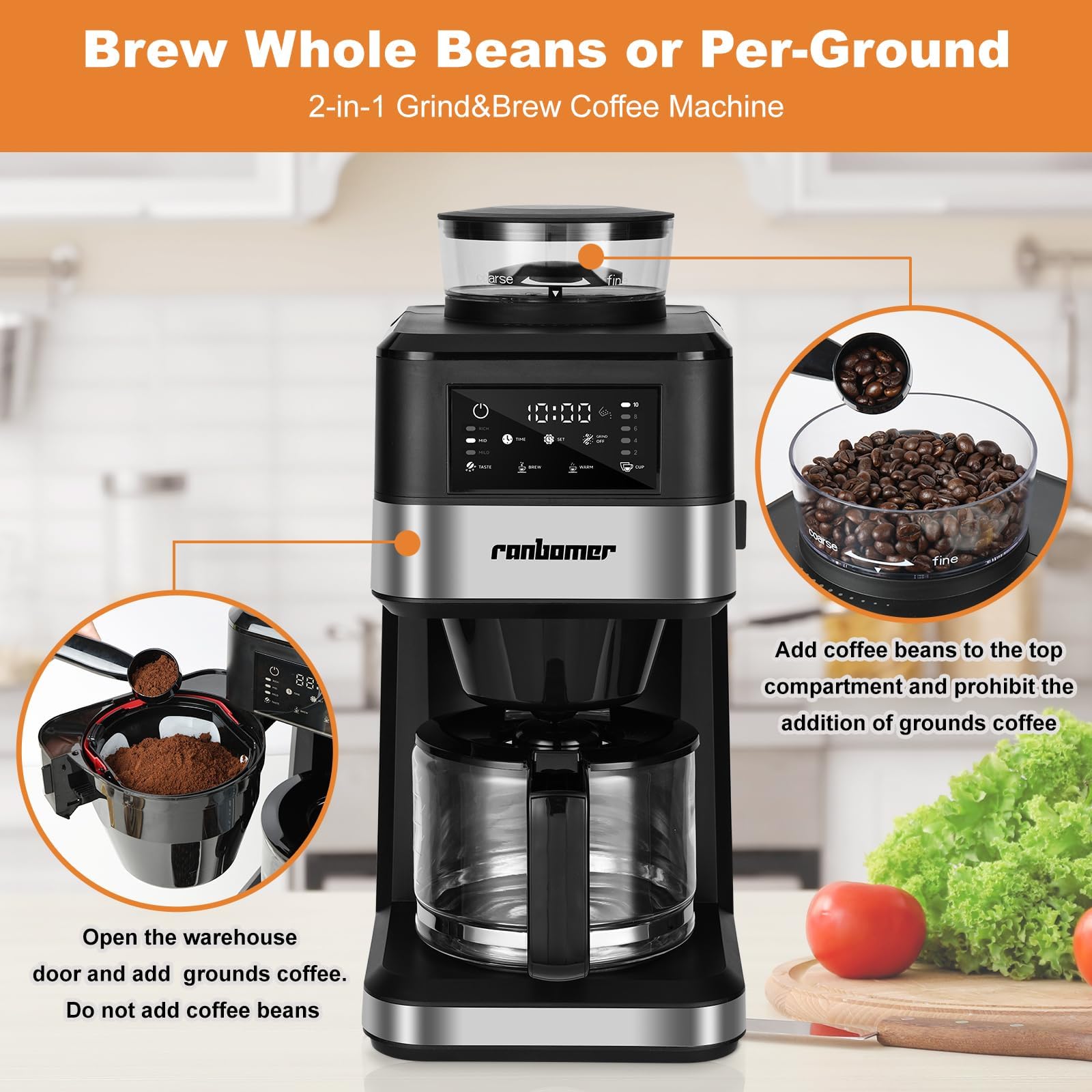 Ranbomer Coffee Maker With Grinder, 10 Cup Coffee Machine,Programmable Grind & Brew, Keep Warm Plate Coffee Machine and Burr Grinder Combo，51 oz