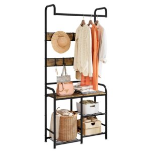 suoernuo coat rack hall tree with shoe storage bench for 3-in-1 entryway hall tree with 8 removable hooks, 28.27 x 12.2 x 72.83 inches (28.27 inch)