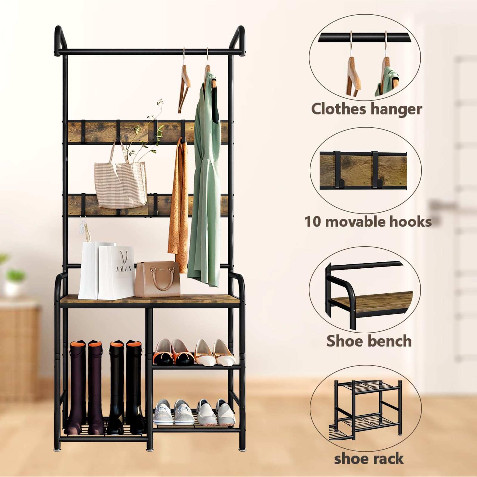 SUOERNUO Coat Rack Hall Tree with Shoe Storage Bench for 3-in-1 Entryway Hall Tree with 8 Removable Hooks, 28.27 x 12.2 x 72.83 Inches (28.27 Inch)