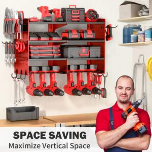 TomCare Power Tool Organizer Wall Mount 4 Layer Tool Storage Rack Heavy Duty Metal 6 Drill Holders Garage Tool Organizers and Storage Shelves with Screwdriver Holder Plier Holder for Garage Workshop