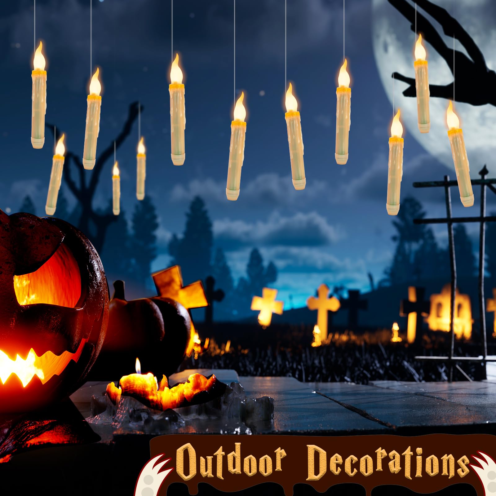 Halloween Decorations - 12PCS Floating Candles with Wand Remote, Magic Hanging, Battery Operated Flickering Warm Light Flameless LED Taper Candles for Table Indoor Outdoor Birthday Christmas Party