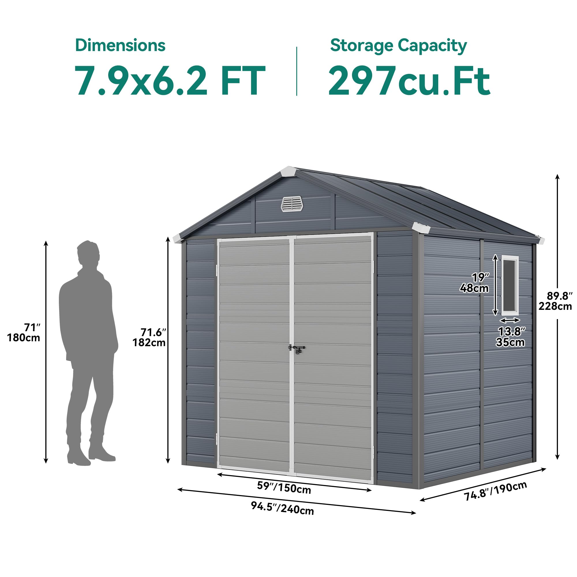 YITAHOME 8x6.2FT Outdoor Resin Storage Shed w/o Floor, All-Weather Plastic Shed with Lockable Doors, Window & Vents, Plastic Tool Shed for Backyard, Patio, Poolside, Lawn, Dark Gray