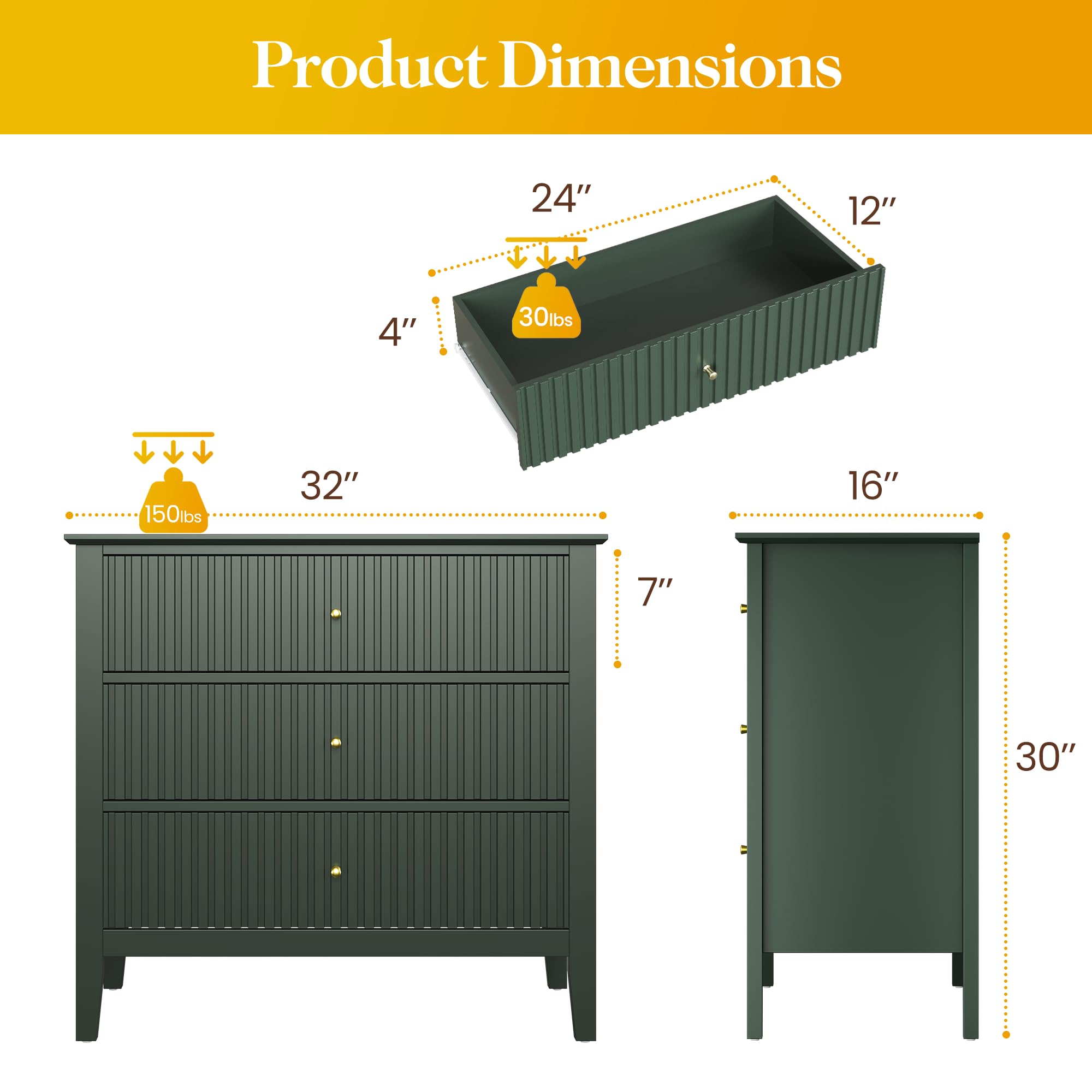 May in Color Green 3 Drawer Dresser, Painted 30 Inch Tall Wood Nightstand with Storage, Wide Modern Chest of Drawers with Ball Bearing Slide for Bedroom Hallway Living Room Entryway Office