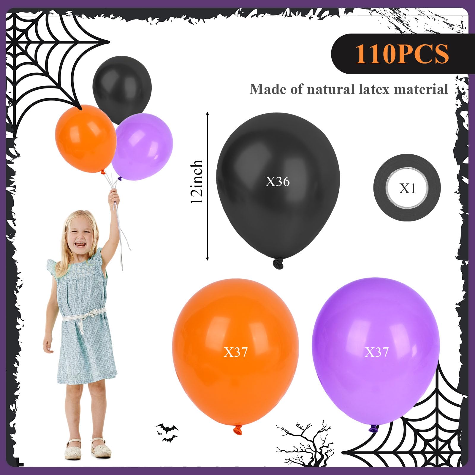 MCPINKY Halloween Balloons Set, 110PCS Halloween Balloons Black Purple Orange Latex Balloons for Halloween Anniversary Graduation Decoration 12 Inch