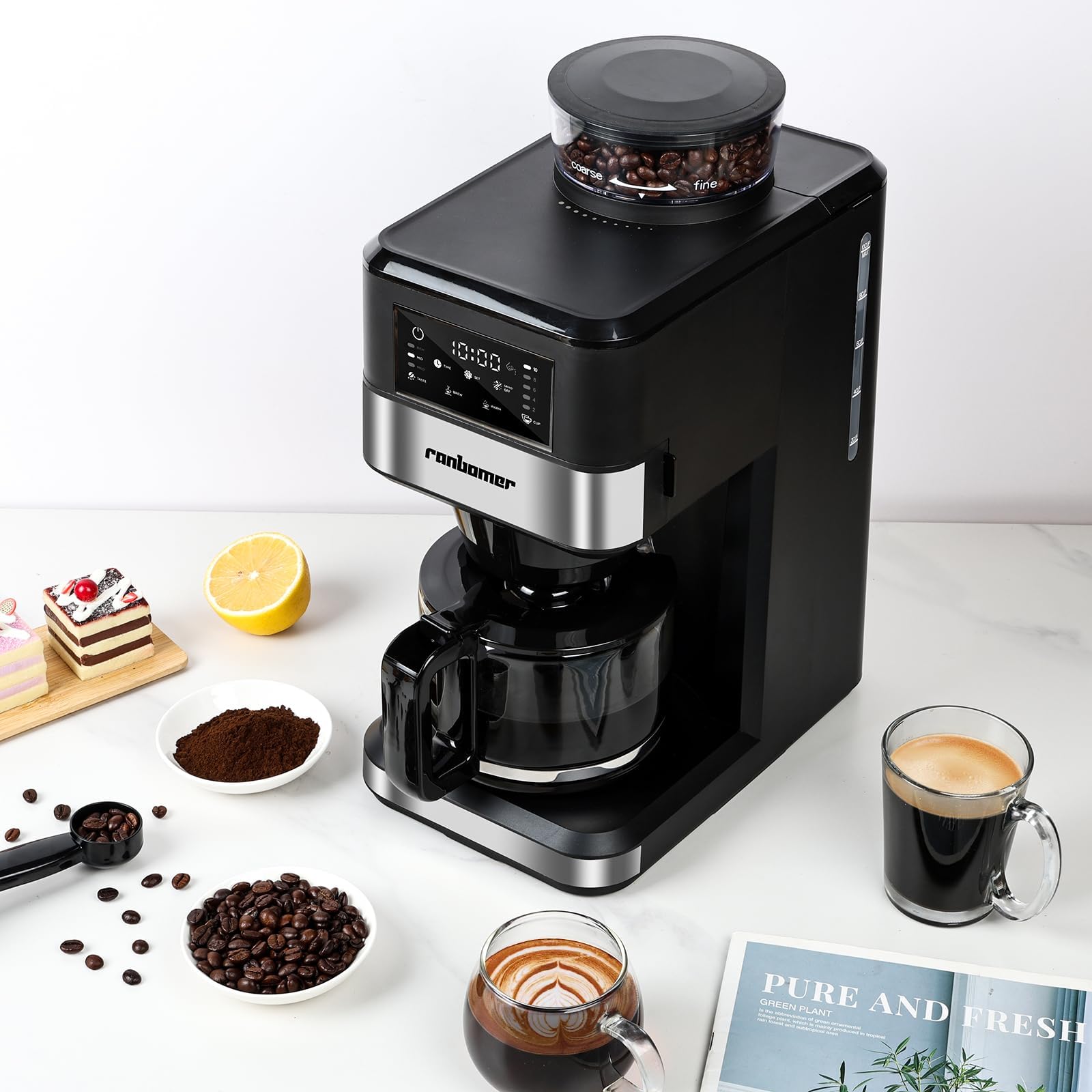 Ranbomer Coffee Maker With Grinder, 10 Cup Coffee Machine,Programmable Grind & Brew, Keep Warm Plate Coffee Machine and Burr Grinder Combo，51 oz