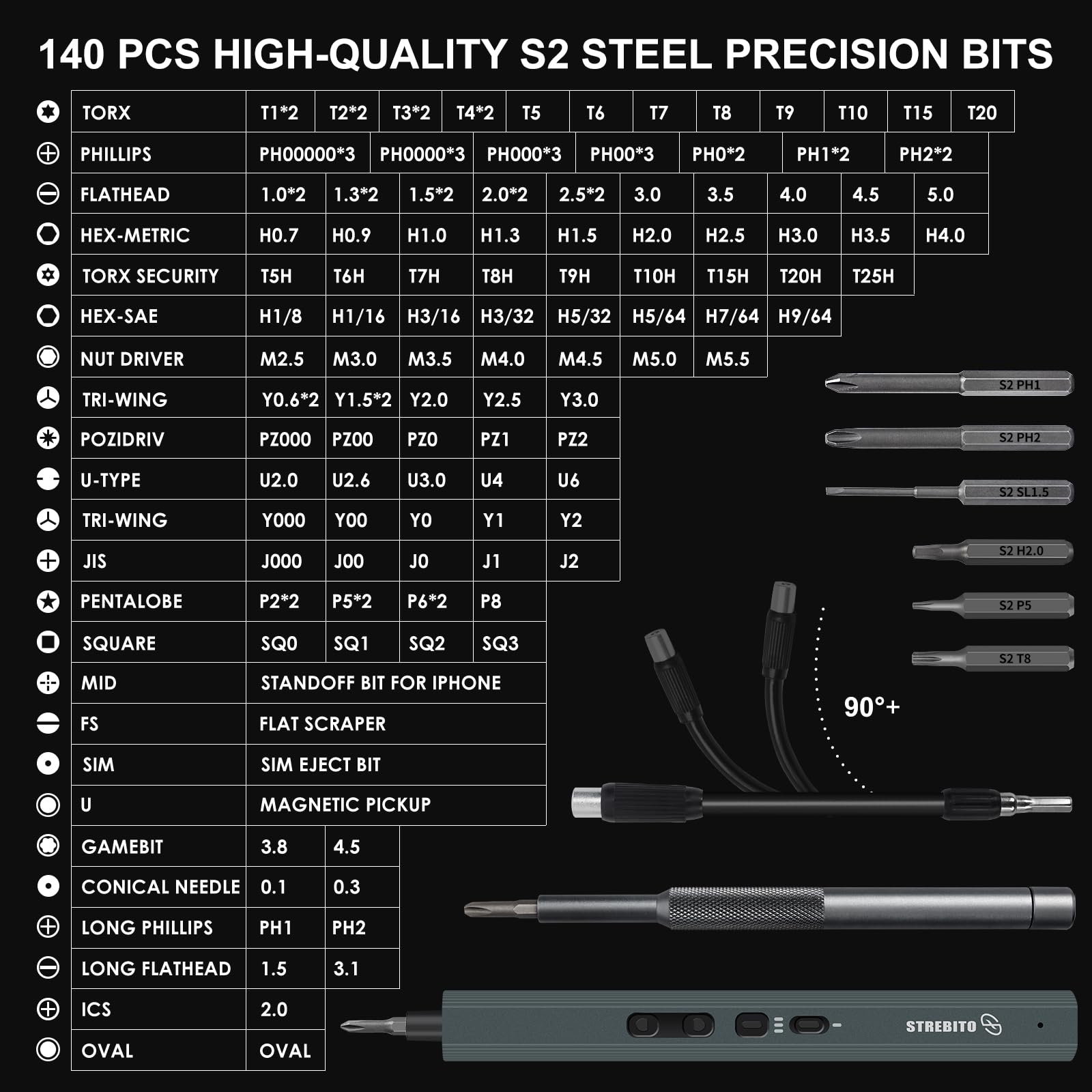 STREBITO Mini Electric Screwdriver Set 155 in 1 Small Electric Screwdriver Cordless, 140 S2 Magnetic Bits, 3 Torque Settings, 650mAh Battery, Precision Electric Screwdriver Kit for Computer Laptop RC