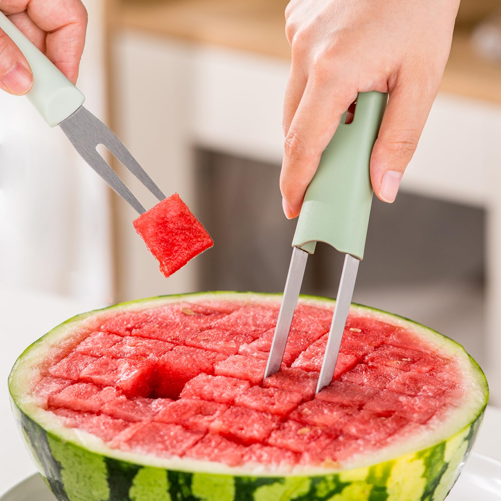 Choxila 3-in-1 Watermelon Fork Slicer Cutter, Stainless Steel Watermelon Popsicle Cutter, Watermelon Cutter Slicer Tool, Fruit Cutter for Home, Picnic, and Camping