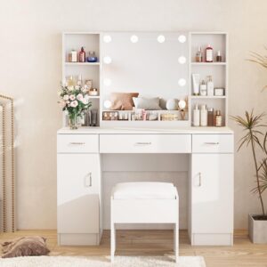 Vabches Vanity with Lighted Mirror, Large Vanity Desk Makeup Vanity Table Set with Comfortable Bench and Side Cabinets, Lots Storage, 45.2inch, White