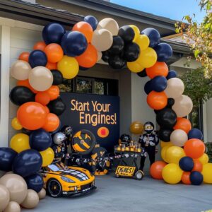 Race Car Balloon Arch - Blue Black Yellow Balloons Double Stuffed Black White Sand Yellow Balloons Navy Blue Orange Beige Balloon Garland Kit for Race Car Fire Truck Birthday Baby Shower Party Decor