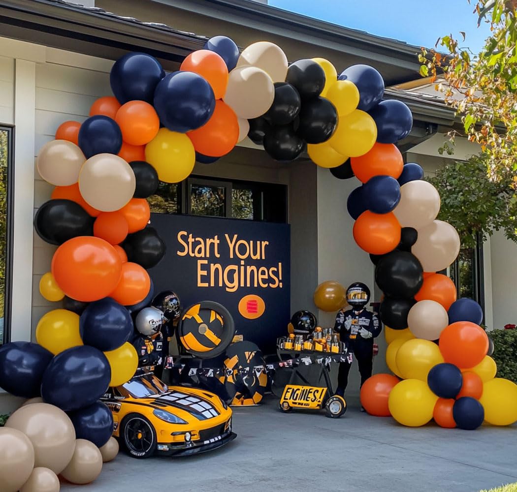 Race Car Balloon Arch - Blue Black Yellow Balloons Double Stuffed Black White Sand Yellow Balloons Navy Blue Orange Beige Balloon Garland Kit for Race Car Fire Truck Birthday Baby Shower Party Decor