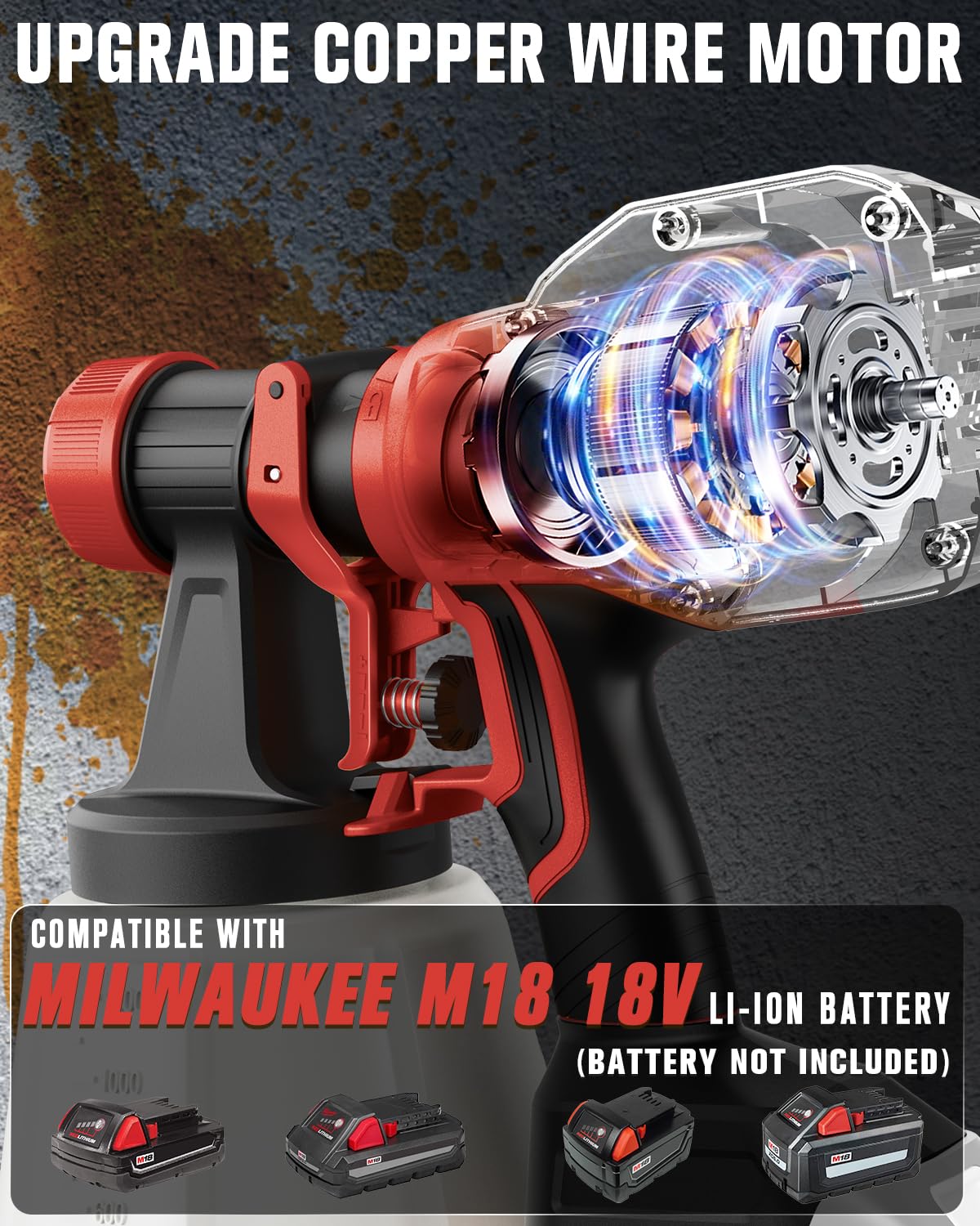 Cordless Paint Sprayer Compatible with Milwaukee M18 18V Battery, Spray Paint Gun with 5 Copper Nozzles, Electric Paint Sprayer for House Painting, Paint Sprayers for Home Interior, Fence (Tool Only)