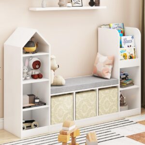 Vabches Toy Storage Organizer for Kids Bookshelf with Reading Nook, Multifunctional Kids Bookcase with 9 Storage Cubbies and Large Seat Cushion for Keeping Kids' Toys Books Organized, White