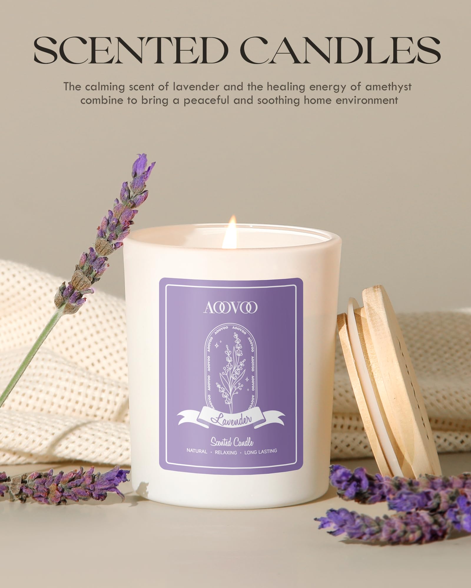 AOOVOO Lavender Scented Candles for Women - Aromatherapy Candle with Crystals Inside, 7oz Soy Candles for Home Scented, Christmas Birthday Gifts Candle for Women Mom