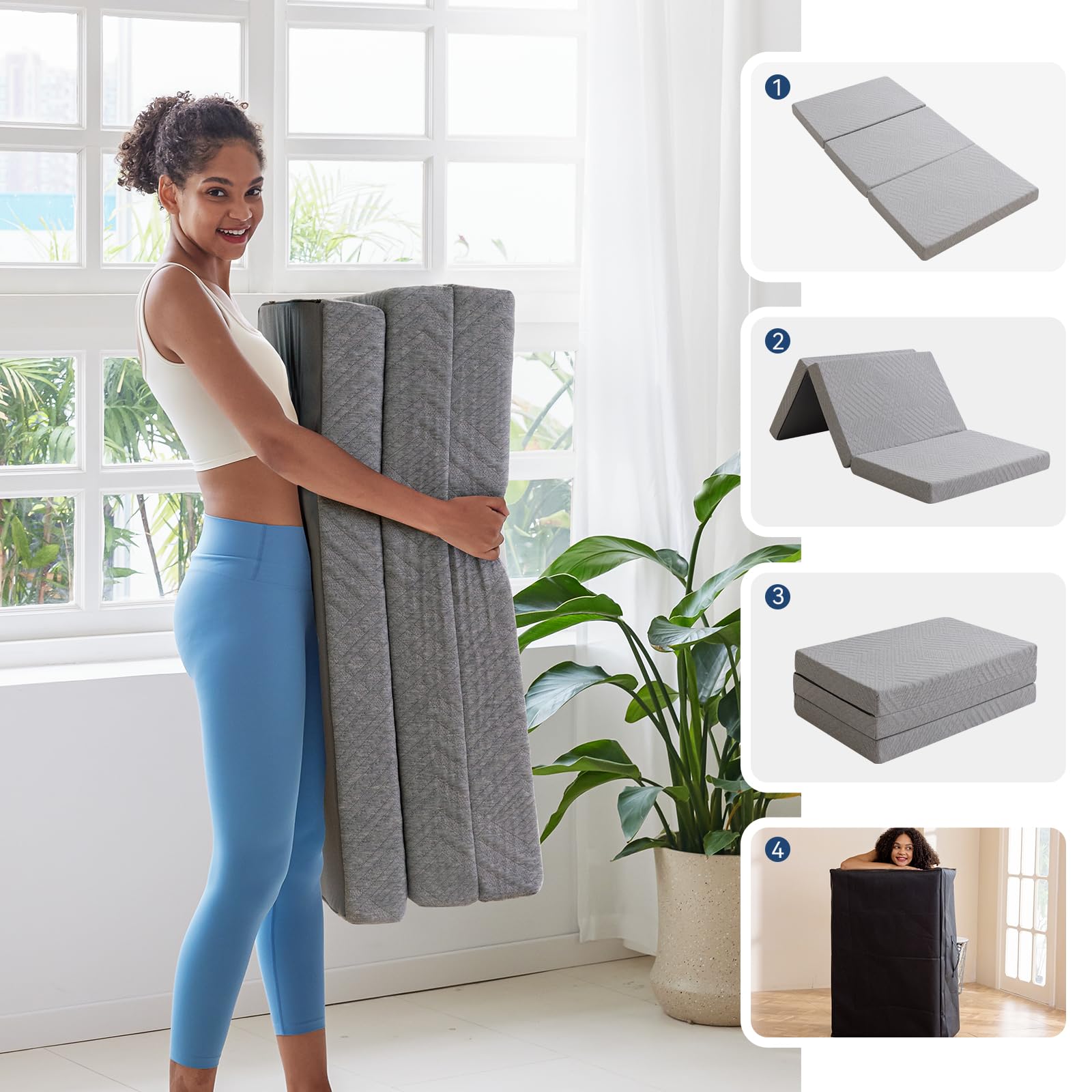 AMICLIBER 4 Inch Tri-Fold Mattress, Twin Memory Foam Foldable Mattress, Tri Folding Mattress with Washable Cover, 75"x 38"x 4"