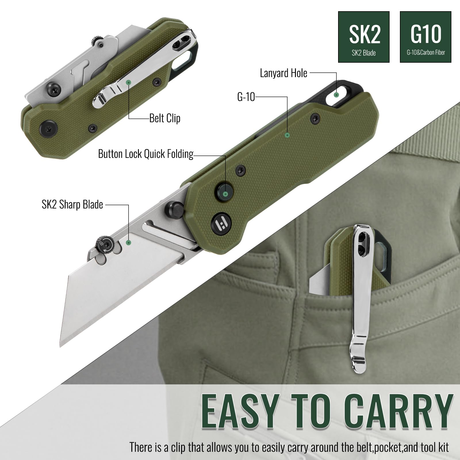 HIGHTRON Vectron Folding Utility Knife Box Cutter,Box Cutter Knife,Pocket Carpet Knife,Razor Knife with G10 Handle&Belt Clip,Quick-change Blade,Utility Pocket EDC Knife with 10 Extra SK2 Blades(Green)