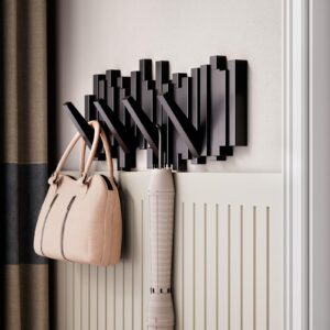 Galetcy Wall Mounted Coat Rack - Solid Wood Craft with 5 Flip-Down Exquisite Piano Design Coat Hooks, Heavy Duty Clothes Rack for Hanging Coat, Bag, Hat, Towel, Key