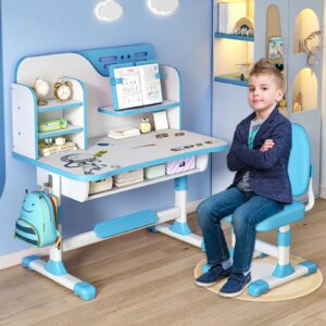 kids desk and chair set,premium kids study desk chair set,height adjustable children's desk and chair school study table chair ,ergonomic desk chair with writing board, bookshelf and drawer (blue)