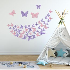 3D Gold Butterfly Wall Decor 48Pcs 3 Sizes 4 Styles Butterfly Party Decorations Cake Decorations Removable Stickers Wall Decor Room Mural Metallic Kids (Purple+Pink)