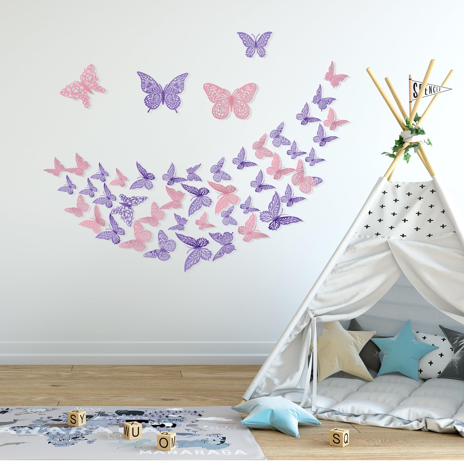 3D Gold Butterfly Wall Decor 48Pcs 3 Sizes 4 Styles Butterfly Party Decorations Cake Decorations Removable Stickers Wall Decor Room Mural Metallic Kids (Purple+Pink)