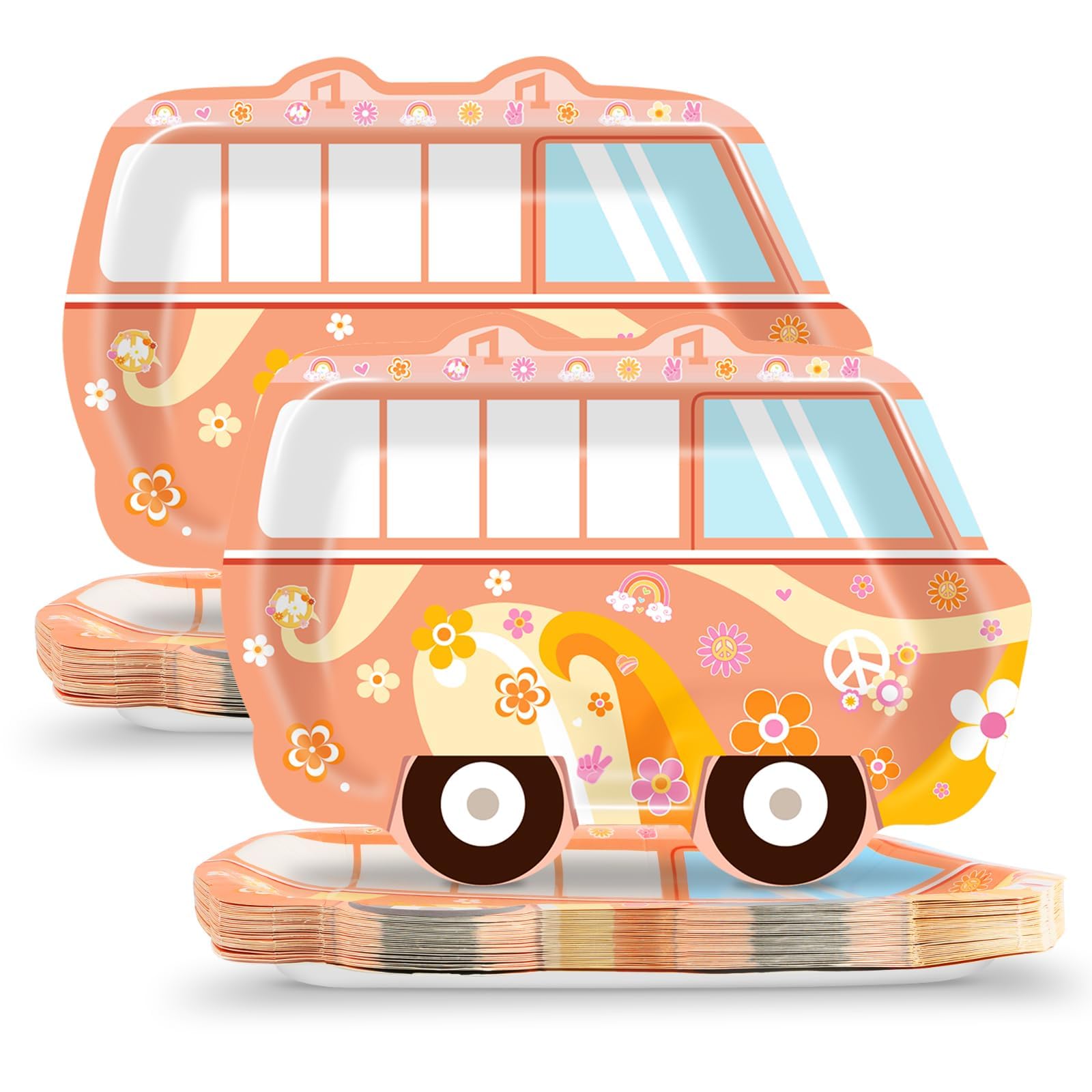 CHUNNIN 50Pcs Groovy Party Paper Plates Retro Hippie Bus Party Supplies 60s 70s Party Dinner Plates Groovy Hippie Peace Bus Disposable Plates for Retro Daisy Baby Shower Birthday Party Decorations