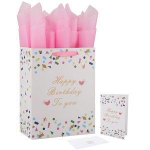 13" large white gift bag set with greeting card and tissue papers (geometric confetti shapes design) for girls’, boys' or kids' birthday party, women's or men's birthday parties, baby shower - 10.2”x5.2”x13”, 1 pcs.