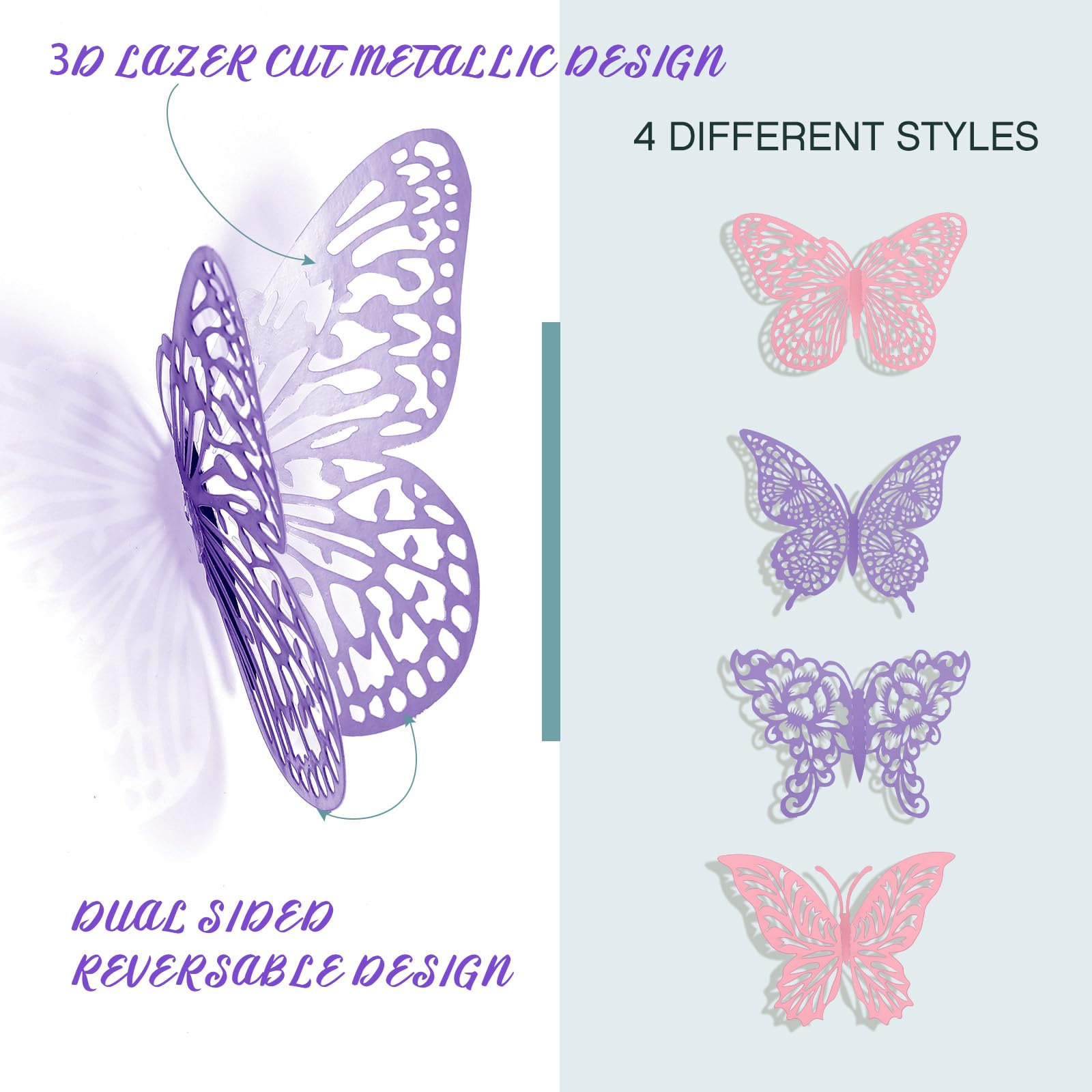 3D Gold Butterfly Wall Decor 48Pcs 3 Sizes 4 Styles Butterfly Party Decorations Cake Decorations Removable Stickers Wall Decor Room Mural Metallic Kids (Purple+Pink)