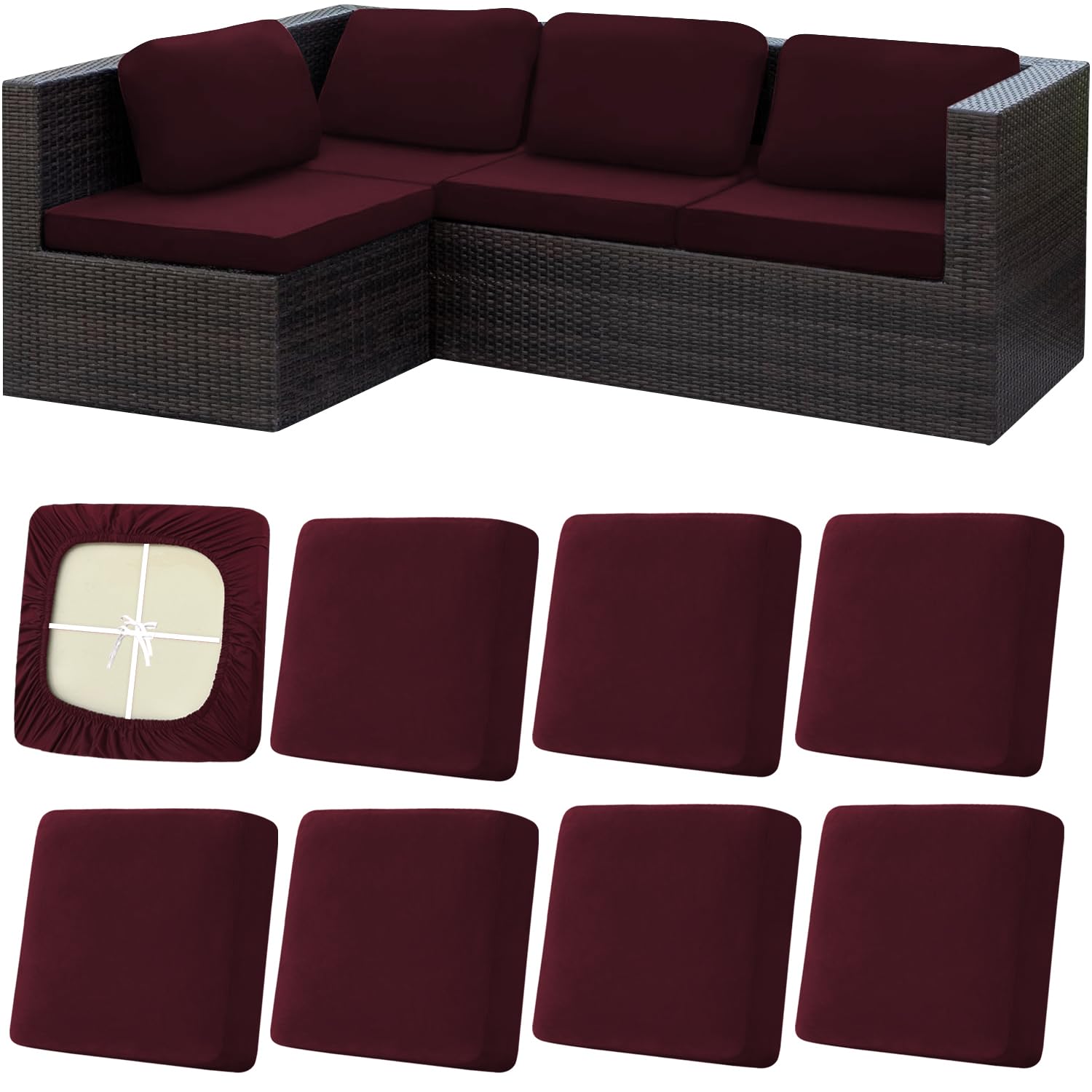 Aibiley 8Pcs Stretch Outdoor Cushions Cover for Patio Furniture,Patio Cushion Covers Replacement for Chair Couch,Soft Elastic Washable Sofa Seat Slipcover Indoor,with Fixed Ties-Burgundy