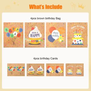 Dimetey 4Pcs 13'' Happy Birthday Gift Bags,4 Designs,Includes 4pcs Greeting Cards,Large Paper Birthday Gift Bag with Handles,Ideal for Kids Adults Birthday Party