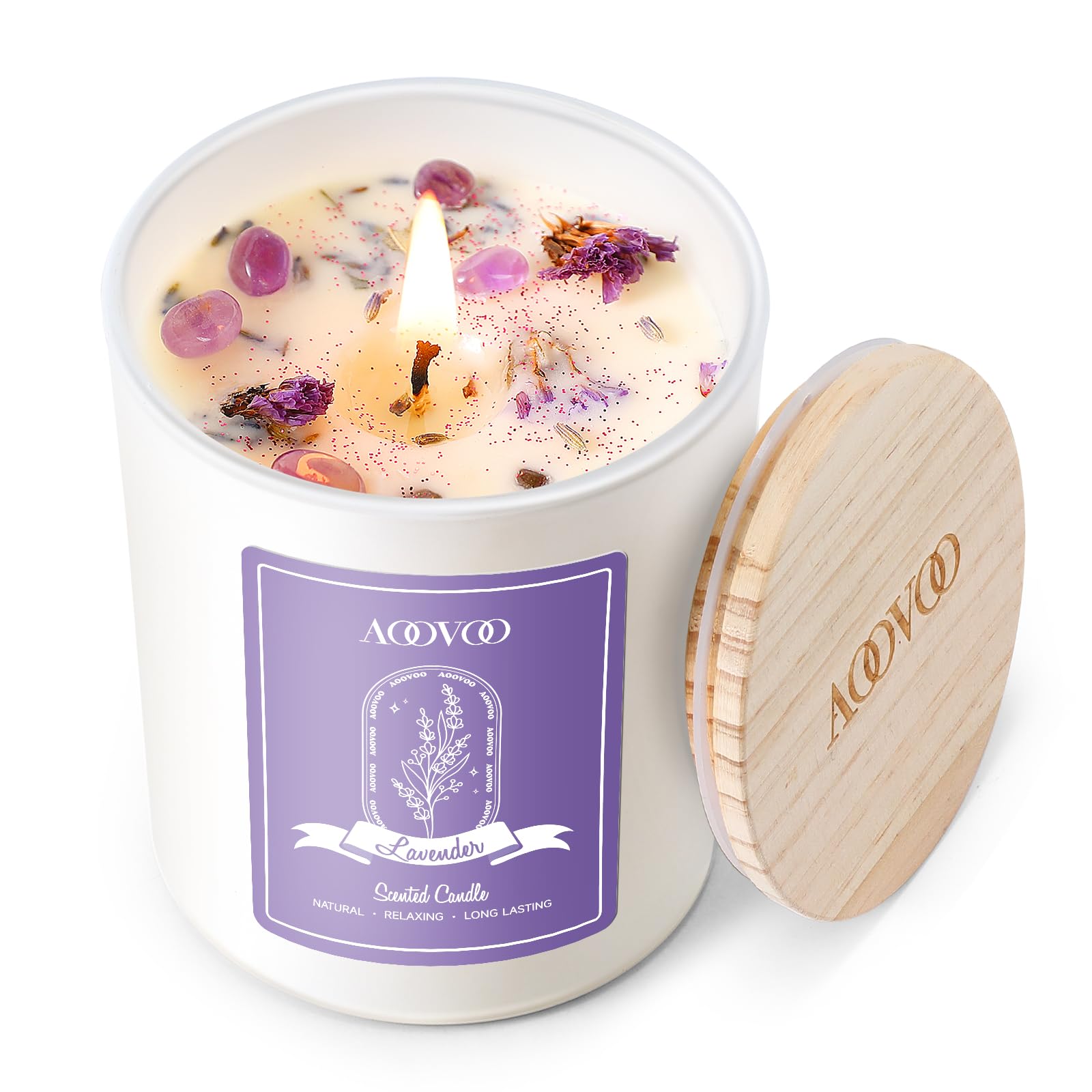 AOOVOO Lavender Scented Candles for Women - Aromatherapy Candle with Crystals Inside, 7oz Soy Candles for Home Scented, Christmas Birthday Gifts Candle for Women Mom