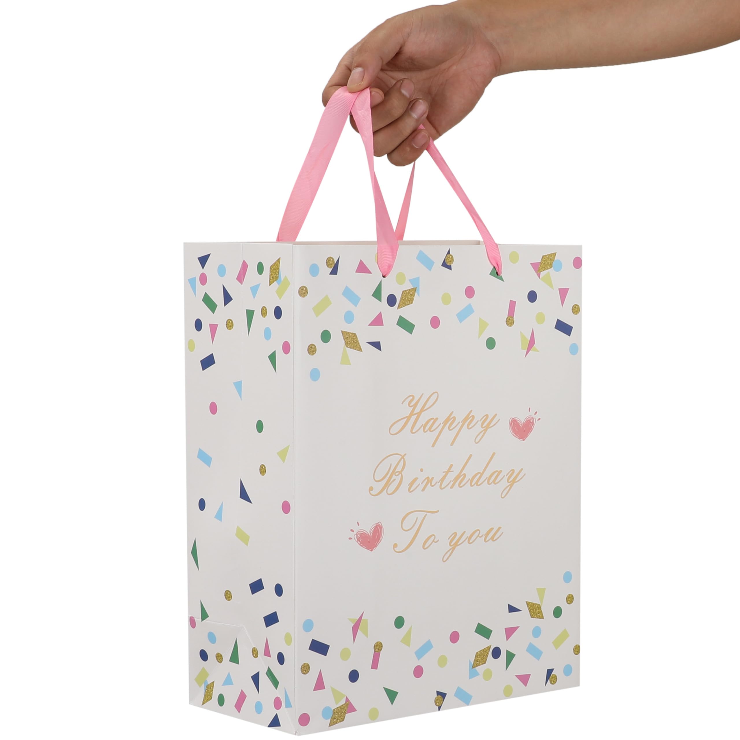 13" Large White Gift Bag Set with Greeting Card and Tissue Papers (Geometric Confetti Shapes Design) for Girls’, Boys' or Kids' Birthday Party, Women's or Men's Birthday Parties, Baby Shower - 10.2”x5.2”x13”, 1 Pcs.