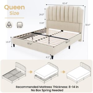 HALLYBEE 50.4" H Queen Bed Frame with Headboard Linen Fabric Platform Bed Frame Queen Size, Chic and Elegant Upholstered Bed Frame Queen, Bedframe No Box Spring Needed, Mattress Foundation, Beige