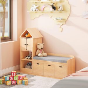 Kids Bookcase and Bookshelf with Reading Nook, Multifunctional Bookcase with 3 Open Storage Cubbies and 3 Drawers, Bookcase with Seat Cushion for Toy Storage Organizer Children's Room, Bedroom, Oak