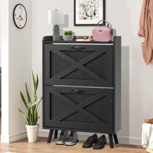 suncrown shoe cabinet storage with 2 flip drawers, freestanding shoe organizer with wooden legs, narrow entryway shoes storage cabinet, shoe rack shelves,black-small