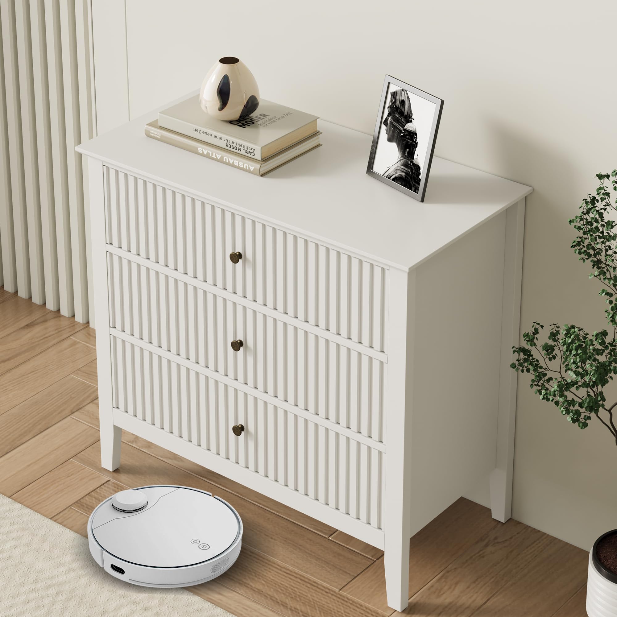 May in Color White 3 Drawer Dresser, Painted 30 Inch Tall Wood Nightstand with Storage, Wide Modern Chest of Drawers with Ball Bearing Slide for Bedroom Hallway Living Room Entryway Office