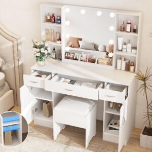 Vabches Vanity with Lighted Mirror, Large Vanity Desk Makeup Vanity Table Set with Comfortable Bench and Side Cabinets, Lots Storage, 45.2inch, White