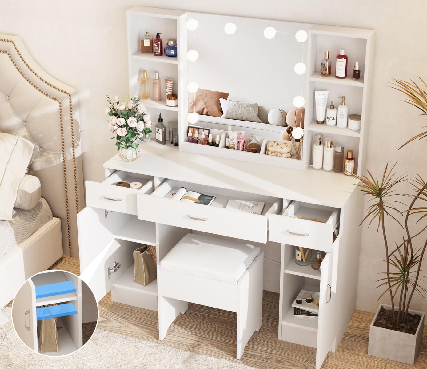 Vabches Vanity with Lighted Mirror, Large Vanity Desk Makeup Vanity Table Set with Comfortable Bench and Side Cabinets, Lots Storage, 45.2inch, White