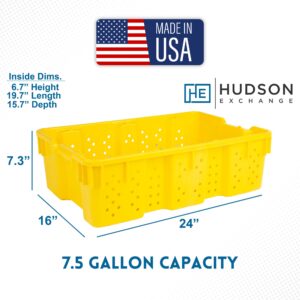 Hudson Exchange 24 x 16 x 7.3" (7.5 Gallon) Agricultural Nest and Stack Vented Crate Handled Storage Container Tote, Yellow (4 Pack)