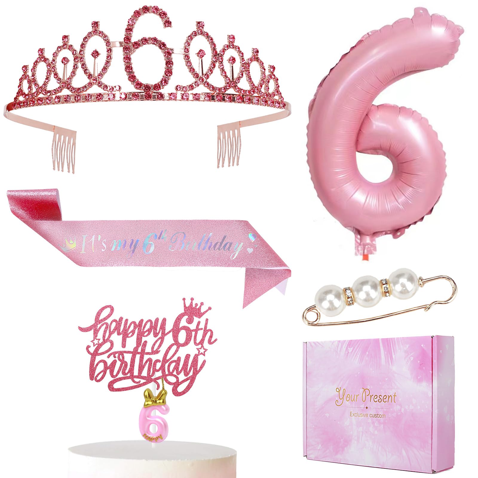 Llivseet 6th Pink Birthday Decorations Girl Includes Birthday Sash and Tiara Crown for Girls,Number Balloon & Candle,Birthday Cake Topper, 6 Year Old Girl Birthday Gifts Ideas Party Favor Supplies